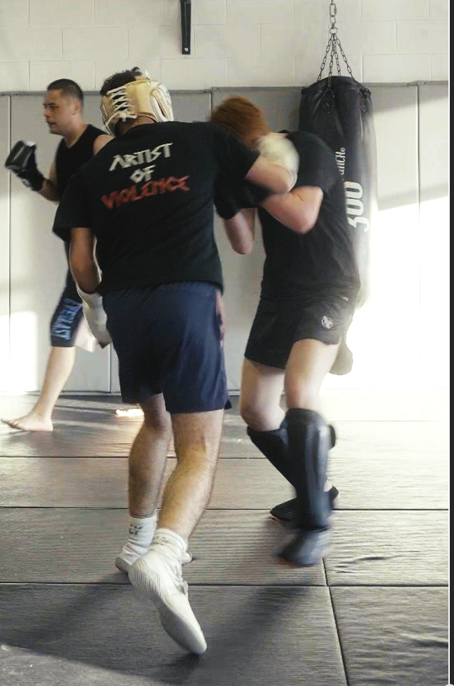 Two individuals in a martial arts training session with one wearing a 'Artist of Violence' shirt.